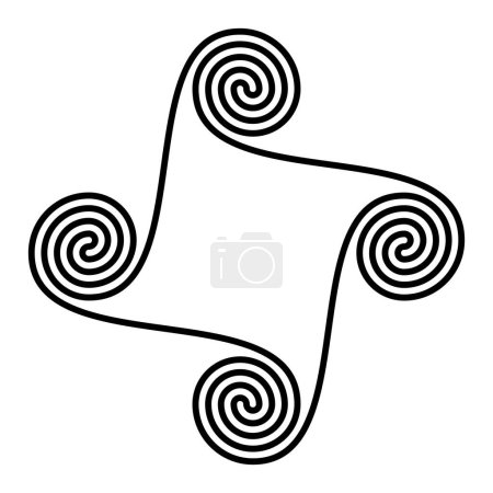 Tetraskelion espiral y espiral cuádruple. Patrón geométrico y símbolo de cuatro espirales arquímedas unidas de dos brazos, perfectamente conectadas. Adorno decorativo tipo laberinto utilizado en la antigua Grecia.