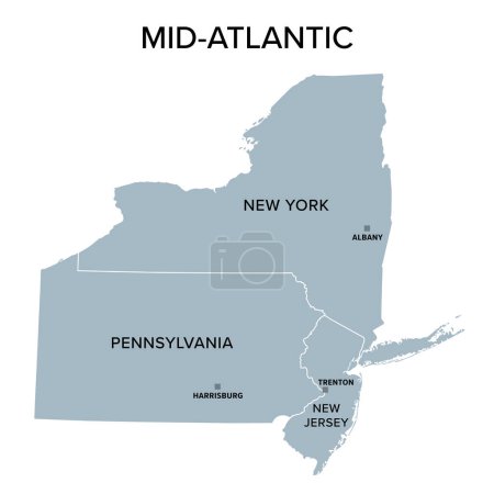 Moyen-Atlantique, ou Moyen-Atlantique, carte politique grise, avec capitales. Division de recensement des États-Unis de la région du Nord-Est, composée des États du New Jersey, de New York et de Pennsylvanie.