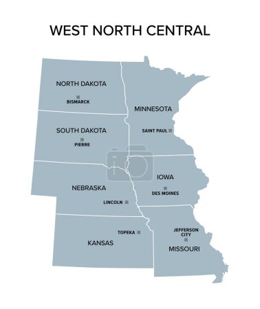 West North Central states, gray political map. División del Censo de los Estados Unidos de la región del Medio Oeste que consta de los estados de Iowa, Kansas, Minnesota, Missouri, Nebraska, Dakota del Norte y Dakota del Sur.