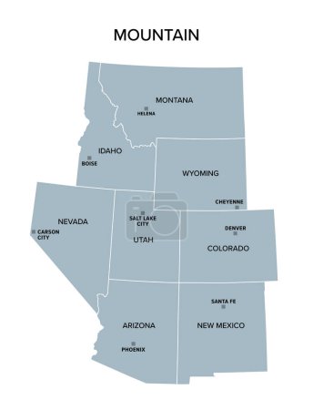 Illustration for Mountain states, gray political map. United States Census division of the West region, consisting of the states Arizona, Colorado, Idaho, Montana, Nevada, New Mexico, Utah, and Wyoming. Illustration - Royalty Free Image