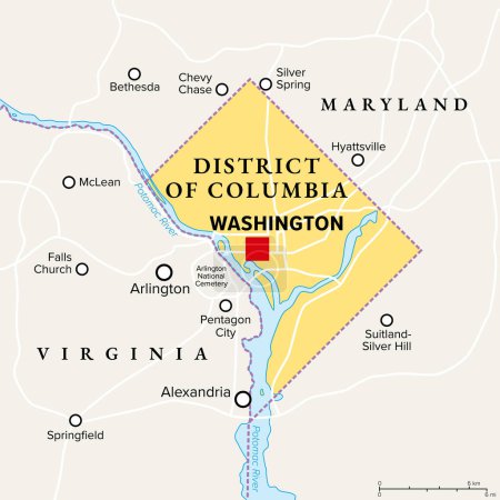 Washington, D.C., mapa político. Distrito de Columbia, ciudad capital y distrito federal de los Estados Unidos. Situado en el río Potomac, frente a Virginia, compartiendo fronteras terrestres con Maryland.