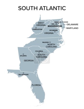 Ilustración de Estados del Atlántico Sur, mapa político gris. United States Census division of South region. Delaware, Florida, Georgia, Maryland, Carolina del Norte y del Sur, Virginia, Washington, D.C. y Virginia Occidental. - Imagen libre de derechos