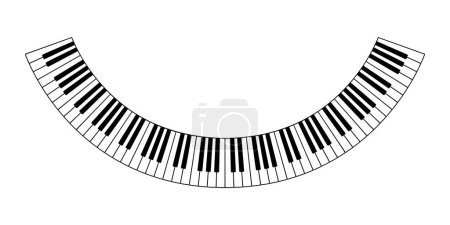 Teclado de piano curvado, arco de un teclado musical con ocho octavas, en forma de sonrisa. Teclas en blanco y negro dobladas y semicírculo de un teclado de piano. Ilustración aislada. Vector.