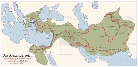 The Empire of Alexander the Great on his conquest course from Greece to India to Babylon 334 to 323 BC. German labeled history map with towns, provinces and years. German labeling. Illustration