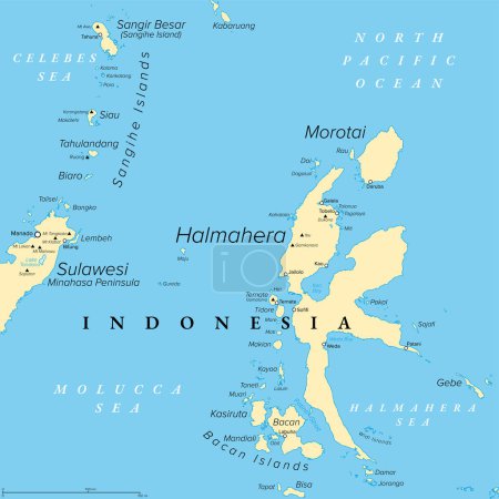 Téléchargez les illustrations : Halmahera, île d'Indonésie, carte politique. La plus grande île des Moluques, ou aussi des îles Maluku, et une partie de la province de Maluku du Nord. Avec Morotai, les îles Bacan et une partie de Sulawesi Nord. - en licence libre de droit