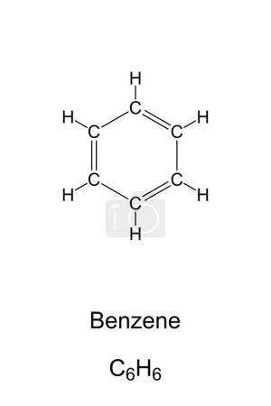 Benceno, C6H6, fórmula química y estructura esquelética. Compuesto químico orgánico e hidrocarburo, compuesto de 6 átomos de carbono unidos en un anillo hexagonal planar con un átomo de hidrógeno unido a cada uno.