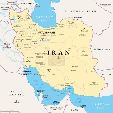 Iran, carte politique avec provinces, frontières, capitale Téhéran et grandes villes. La République islamique d'Iran (IRI), également connue sous le nom de Perse, un pays d'Asie occidentale, est divisée en 31 provinces. Illustration