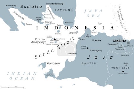 Estrecho de Sunda, Indonesia, mapa político gris. Estrecho entre las islas de Indonesia Java y Sumatra, que conecta el mar de Java con el océano Índico. Con archipiélago de Krakatau y volcán activo Anak Krakatau.