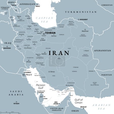 Illustration for Iran with provinces, gray political map, with borders, capital Tehran and major cities. The Islamic Republic of Iran, also known as Persia, a country in West Asia, divided into 31 provinces. Vector - Royalty Free Image