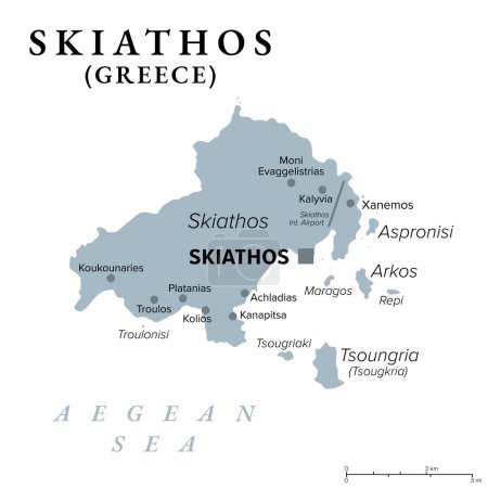 Skiathos, pequeña isla griega, mapa político gris. Isla en el Mar Egeo, parte de Esporadas, con la ciudad principal Skiathos, y con los islotes vecinos Tsoungria, Arkos y Aspronisi y los más pequeños.