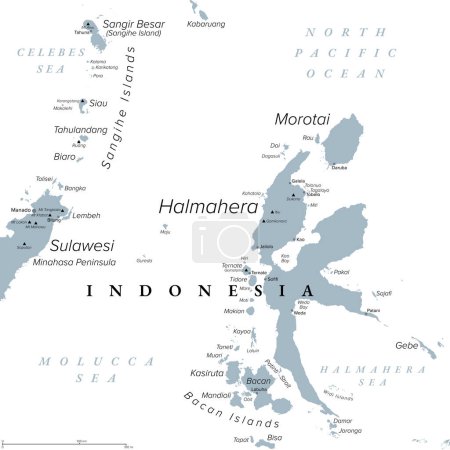 Halmahera, island in Indonesia, gray political map. Largest island of the Moluccas, or Maluku Islands, and part of the North Maluku province. With Morotai, Bacan Islands and a part of North Sulawesi.