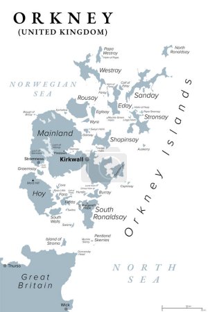Orkney oder Orkney Inseln, graue politische Landkarte. Archipel von etwa 70 Inseln in den nördlichen Inseln Schottlands, vor der Küste der Insel Großbritannien gelegen, mit Festland als größte Insel.