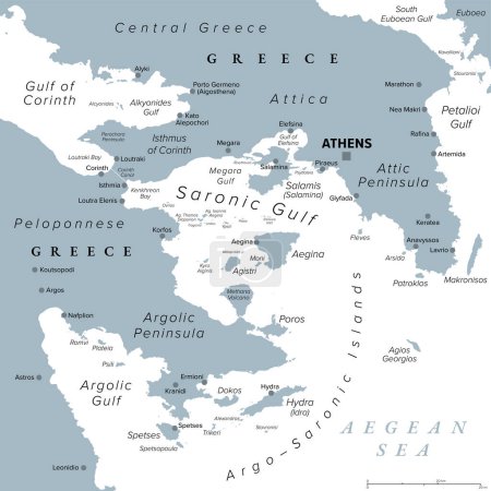 Golfe Argo-Saronique, Golfe Saronique et Argolique de Grèce, carte politique grise. Les péninsules d'Attique et d'Argolis, les îles Argo-Saronique, l'isthme de Corinthe, le canal de Corinthe et la capitale grecque Athènes.