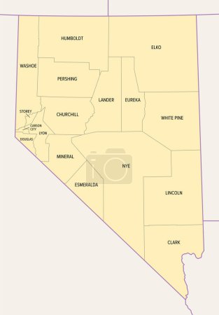 Nevada state counties, political map. A landlocked state in the Western region of the United States, subdivided into 16 counties and independent Carson City. Map with boundaries and county names.