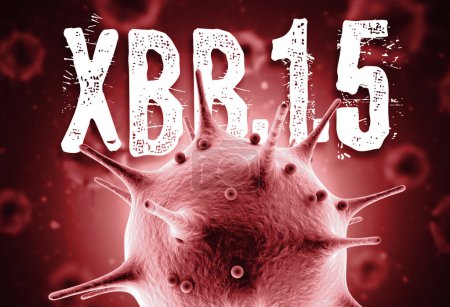 Coronavirus Omicron XBB.1.5 subvariante 3D-Renderkonzept: Makro-Coronavirus-Zelle und XBB.1.5-Text vor verschwommenen Viruszellen, die in der Luft schweben. 