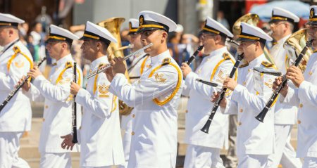 Photo for Ankara-Turkey:August 30, 2023: Group of military band from Turkish naval forces marching with musical instruments in August 30, Victory Day parade in Ankara. - Royalty Free Image