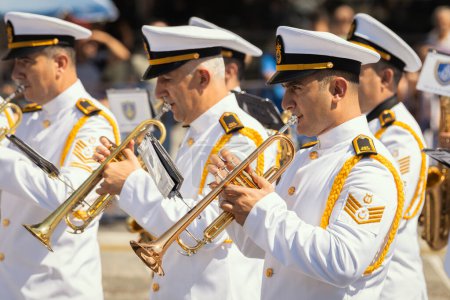 Photo for Ankara-Turkey:August 30, 2023: Group of military band from Turkish naval forces marching with musical instruments in August 30, Victory Day parade in Ankara. - Royalty Free Image