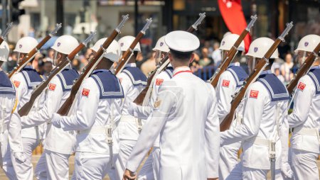 Photo for Ankara-Turkey:August 30, 2023: Group of soldiers from Turkish Naval Forces marching with rifles in August 30, Victory Day parade in Ankara. - Royalty Free Image