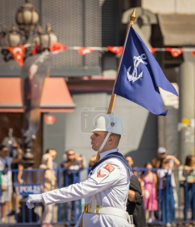 Photo for Ankara-Turkey:August 30, 2023: Close-up photo of a soldier from Turkish Naval Forces carrying pennant in August 30, Victory Day parade in Ankara. - Royalty Free Image