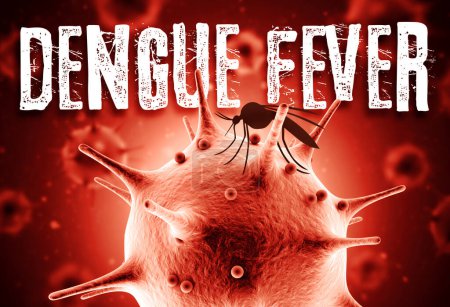 Photo for Dengue fever 3d render concept: Macro virus cell and dengue fever text in front of blurry virus cells floating on air. - Royalty Free Image