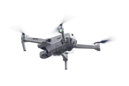 Modern Uav drone quadcopter with high resolution digital camera isolated on white.