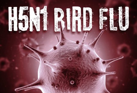 Grippe aviaire H5N1 Concept de rendu 3D de la grippe aviaire : Cellule macrovirale et texte de la grippe aviaire H5N1 devant des cellules virales floues flottant sur l'air. 