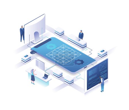 Mobile application development isometric landing page. Concept with tiny people standing at control panels around giant smartphone, developing app or software. Illustration for website.