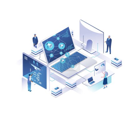 Photo for Referral marketing, customer loyalty program isometric landing page. Concept with tiny people around giant laptop computer with megaphones connected to network. Illustration for website. - Royalty Free Image