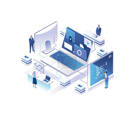Photo for Front-end and back-end web development, programming, coding isometric landing page. Concept with programmers or coders working on computers around giant laptop. Illustration for website. - Royalty Free Image