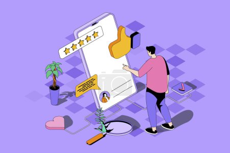 Best feedback web concept in 3d isometric design. Man evaluates quality of service and leaves comment with customer experience using mobile app. Web illustration with people isometry scene