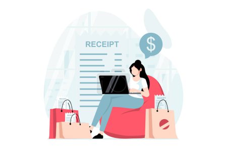 Photo for Electronic receipt concept with people scene in flat design. Woman making purchases in online shop, receives digital invoice and pays using laptop. Illustration with character situation for web - Royalty Free Image
