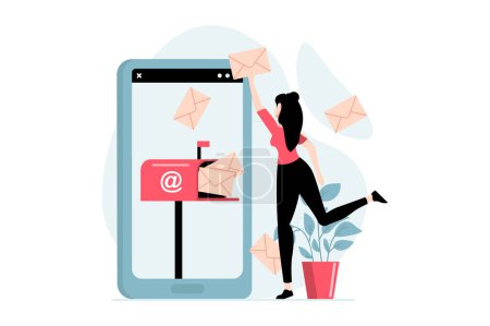 Photo for Email service concept with people scene in flat design. Woman sends lot of letters and conducts online correspondence using mail client mobile app. Illustration with character situation for web - Royalty Free Image