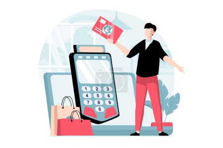 Photo for E-payment concept with people scene in flat design. Man pays for purchases with credit card using cash box and makes online financial transfers. Illustration with character situation for web - Royalty Free Image