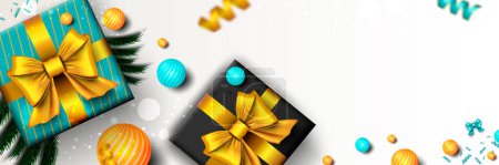 Photo for Merry Christmas web banner. Xmas and Happy New Year 2023 holiday celebration poster. Illustration with 3d realistic elements. Horizontal christmas poster, background, greeting cards, header. - Royalty Free Image