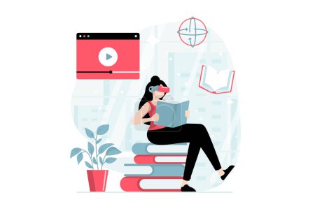 Metaverse Konzept mit Menschen Szene in flachem Design. Mann mit VR-Headset liest Buch in virtueller Realität und lernt auf interaktiver Wissenschaftsplattform Illustration mit Charaktersituation für das Web