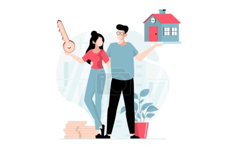 Koncepcja nieruchomości z ludźmi sceny w płaskiej konstrukcji. Mężczyzna i kobieta trzymający klucze do nowego domu, inwestujący pieniądze w mieszkanie, szczęśliwą przeprowadzkę rodziny. Ilustracja sytuacji charakteru w sieci