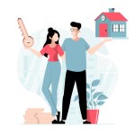 Real estate concept with people scene in flat design. Man and woman holding keys to new house, invest money in dwelling, happy family moving. Illustration with character situation for web