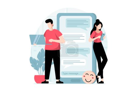 Concepto de red social con escena de personas en diseño plano. Hombre y mujer charlando y enviando mensajes en el programa en el ordenador portátil y la aplicación de teléfono móvil. Ilustración con situación de carácter para web