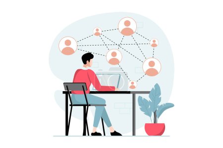 Social network concept with people scene in flat design. Man communicates online with different contacts, chatting with friends from the world. Illustration with character situation for web