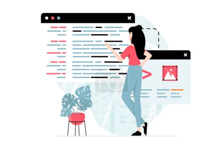 Photo for Software development concept with people scene in flat design. Woman develops code and designs prototypes, creates programs and applications. Illustration with character situation for web - Royalty Free Image