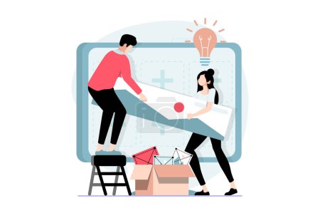 Photo for UI and UX design concept with people scene in flat style. Man and woman generate new ideas and make creative modern layout and site template. Illustration with character situation for web - Royalty Free Image