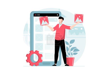 Photo for UI and UX design concept with people scene in flat style. Man makes creative modern layout, fills template with content and places buttons. Illustration with character situation for web - Royalty Free Image