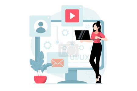 UI and UX design concept with people scene in flat style. Woman work as designers, create interfaces and content, places buttons on template. Illustration with character situation for web