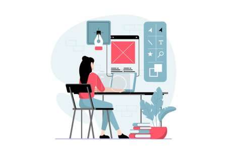 Photo for UI and UX design concept with people scene in flat style. Woman work as illustrator, drawing content and elements, creates buttons for layouts. Illustration with character situation for web - Royalty Free Image