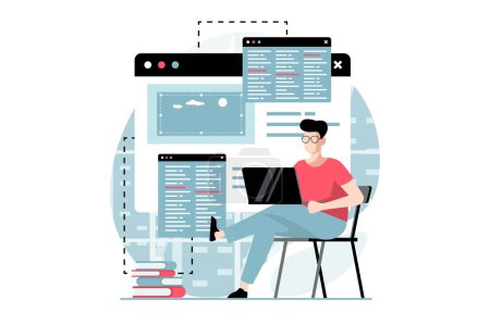 Web development concept with people scene in flat design. Man programming and writing code, tests and fixes bugs, works on different screens. Illustration with character situation for web