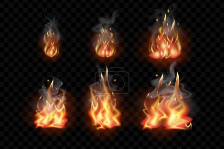 Photo for Burning fire 3d set in realism design. Bundle of different stages of flames with smoke and sparks, flaming effect, shining flares or campfire blaze isolated realistic elements. Illustration - Royalty Free Image