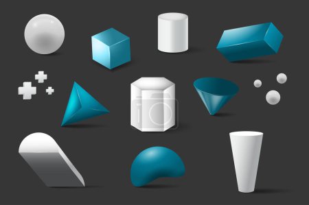 Photo for Geometric simple shapes 3d set in realism design. Bundle of sphere, cube, cylinder, parallelepiped, pyramid, cross, truncated cone, trapezium and other isolated realistic elements. Illustration - Royalty Free Image