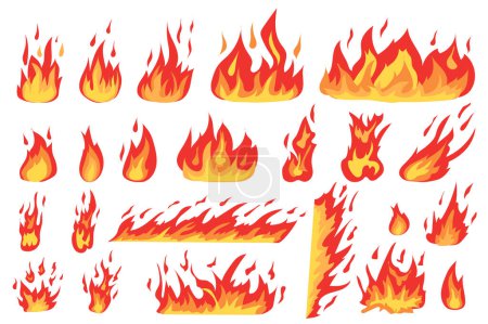 Brûler des feux dans la conception de dessins animés. Lot de différents types d'effets de flamme en couleurs rouge et orange, boules de feu flamboyantes, bordure de feu de forêt, feu de joie autres éléments plats isolés. Illustration