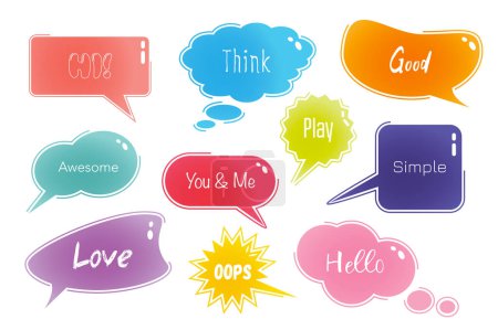 Photo for Speech bubbles set in cartoon design. Bundle of different shapes of dialog windows with inscriptions like Hi, Think, Good, Awesome, Hello, Play and other isolated flat elements. Illustration - Royalty Free Image