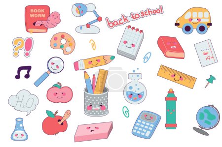 Photo for Back to school set in cartoon design. Bundle of cute faces characters at book, lamp, ruler, pencils, test tubes, calculator, magnifier, stationary and other isolated flat elements. Illustration - Royalty Free Image